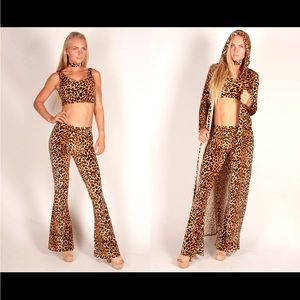Velvet Leopard flare leggings, hooded trench coat, sports bra and choker